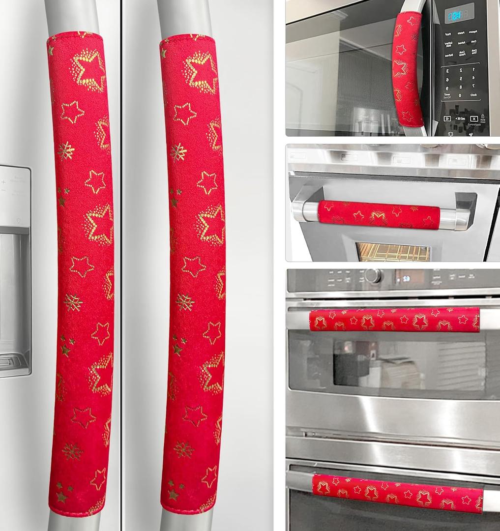 Refrigerator Door Handle Covers, Set of 6, Non-Slip Appliance Handle Covers, Washable Fridge Handle Covers, Keep Your Kitchen Clean, Microwave Oven Dishwasher Handle Protector(Red, Christmas theme) (6 PCS | Patterned, Red)