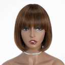 DBUT Short Bob Straight Wigs with Bangs Ombre Brown Brazilian Virgin Human Hair Glue less Non Lace Front Bob Wigs 8 Inches (Highlight Dark Brown Mixed Auburn Brown)