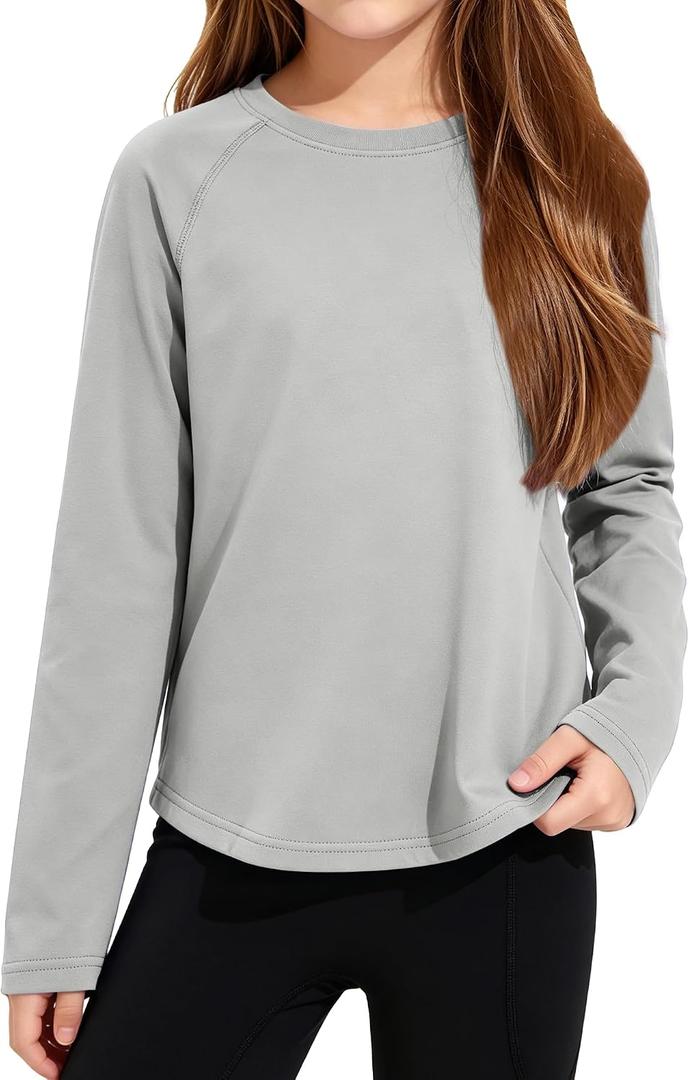 Girls' Sweatshirt Grey Long Sleeve Sports Tops Round Neck Loose Pullover Solid Athletic Tee Shirts (Gray)
