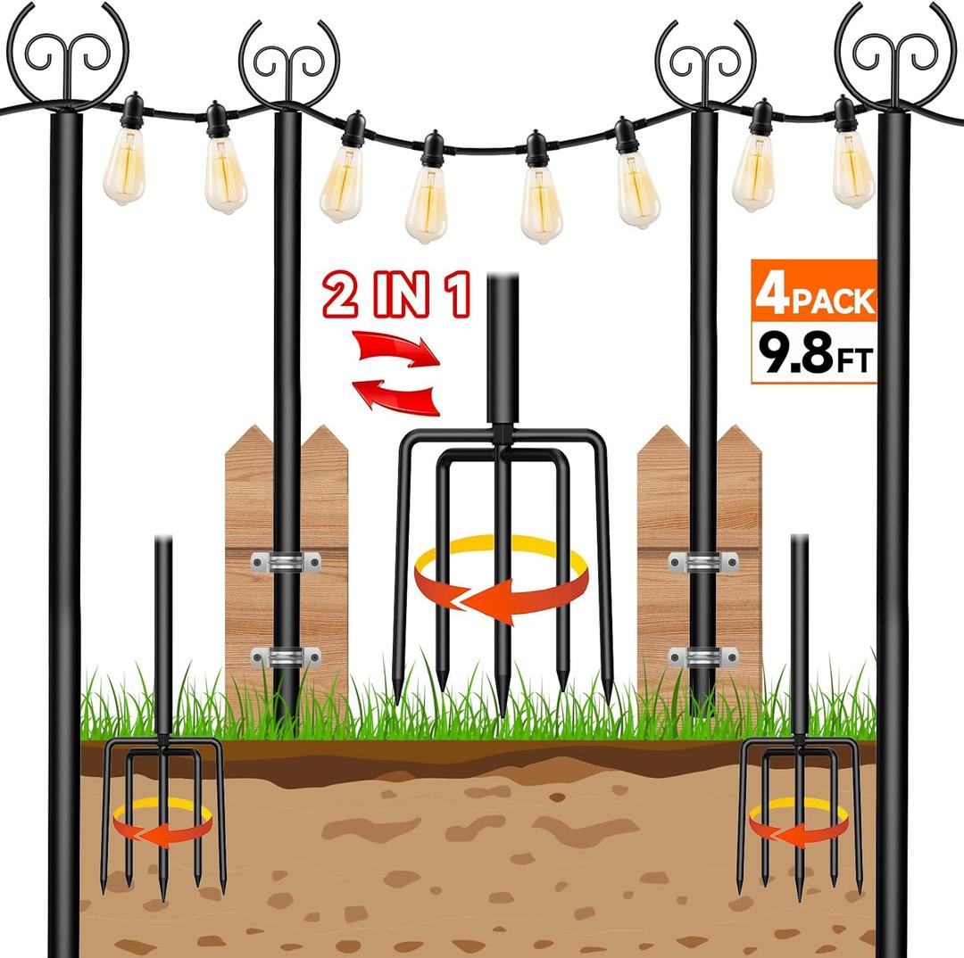 4 Pack 9.8 FT Light Poles Stand for Outside Garden,Metal Poles for Hanging Outdoor Light Strings Patio,Wedding,Backyard,Deck,Party