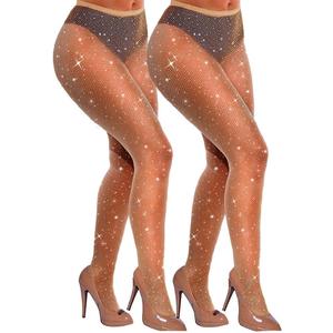 VEBZIN Sexy Sparkly Fishnets Stockings Jeweled High Waist Fishnet Tights for Women Rhinestone Party Pantyhose (Nude 2 Pack)