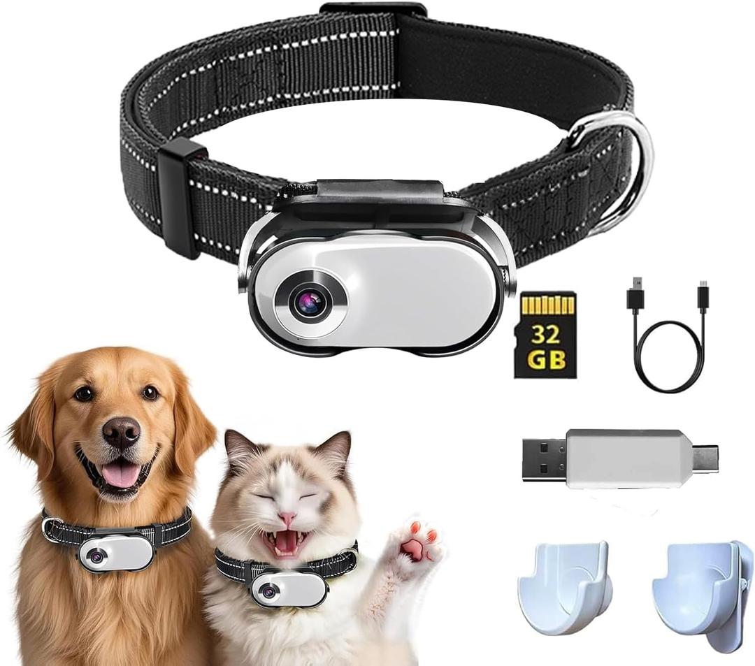Cat/Dog Camera Collar, HD 1080P with Video Record Wireless Mini Sport Cam,Small Action Cameras,Body Camera for Pet Supplies/No WiFi, Indoor/Outdoor/with 32GB High-Speed Memory Card
