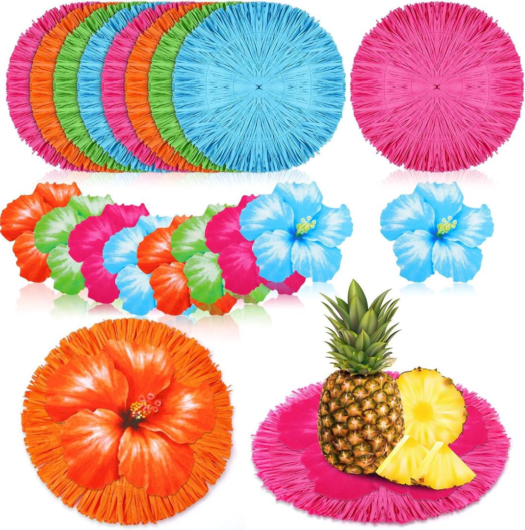 24 Pcs Luau Placemats and Flower Place Mat, Round Luau Fringe Place Mats Tropical Hibiscus Place Mats Bulk Summer Hawaiian Plate Table Placemats Tropical Party Supplies