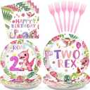 Grencian 96 Pcs Pink Dinosaur Birthday Decorations for 2nd Girls Two Rex Girl Dino Theme Party Supplies Disposable 2nd Dinosaur Party Tableware Set for Two Year Old Girls Birthday Decor Serves 24