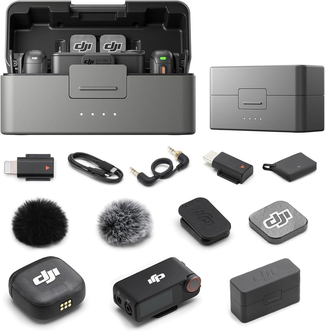 DJI Mic 3 Bundle (2 TX + 1 RX + Charging Case), Wireless Microphone for iPhone/Android/Camera, 32-bit Float Internal Recording, Dual Band Anti-Interference, 28h Use, Available for Lightning Device