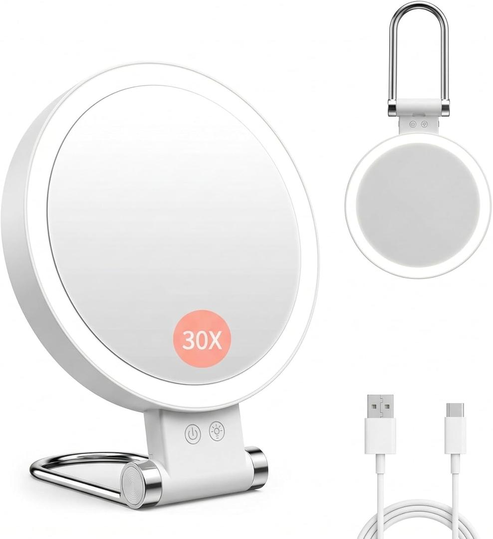 Makeup Mirror with Lights, Magnifying Mirror 1X/30X with Adjustable 3 Color Light, Double Side Control, 2000mAh Rechargeable, Lighted Makeup Mirror with Magnification, Smart Memory, Gift for Women
