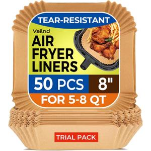 Air Fryer Paper Liners, 50 PCS Air Fryer Liners Disposable, 8" Square Baking Liner for 5-8 qt Airfryer Basket, Non-stick and Oil Proof Parchment Paper for Oven, Pans & Baking
