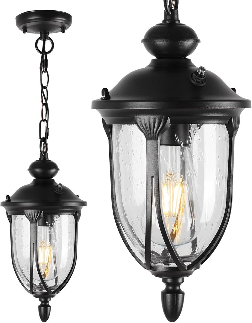 JYZ Vintage Dusk to Dawn Outdoor Hanging Lantern, 15 Inch Rustic Exterior Pendant Light Fixture with Seeded Glass, Antique Black Ceiling Mount Chandelier for Porch, Patio, Gazebo, Entryway JYOPL04