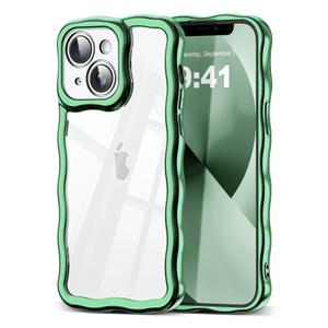 SKYLMW Compatible with iPhone 13 Case, Kawaii Cute Curly Wave Frame Luxury Plating Edge, Stylish Glossy Clear Back, Soft TPU Shockproof Protective Cases for iPhone 13, Green