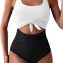 Eomenie Women's One Piece Swimsuit Tummy Control Slimming Bathing Suit Cutout Tie Knot Swimwear (Large, White Black Color Block)