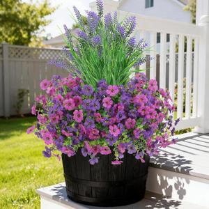 INQCMY Artificial Flowers for Outdoors UV Resistan 12 Pcs Silk Daisies with Eucalyptus Leaves and 2 Pcs Lavender Suitable for Porch Balcony Courtyard Garden (Red Lotus Deep Purple)