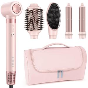 5 in 1 High-Speed Hot Air Styler - Professional Frizz-Free Hair Dryer Brush, Fast Drying Hair Dryer, No Heat Damage Air Styler Wrap - Curl, Volumize, Straighten with Travel Bag (Pink)