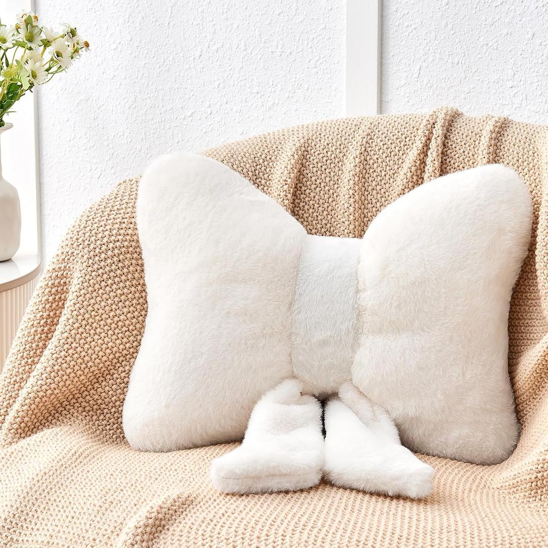 Ivory Bow Pillow,12'' Bow Decorative Pillows with Faux Rabbit Fur,Soft Bow Throw Pillows Aesthetic Bow Shaped Pillow for Bed Sofa Couch Home Decor