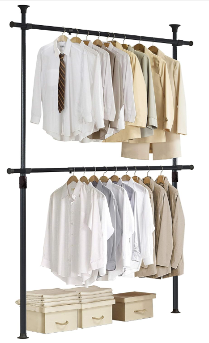 PRINCE HANGER Heavy Duty One Touch System Load 352LBS Clothing Racks for Hanging Clothes Metal Wardrobe Closet System Garment Tension Rod Free Standing Black Width Adjustable PHUS-0022