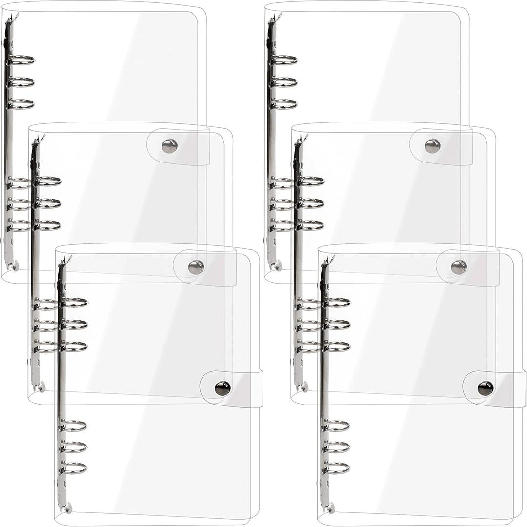 Elsjoy 6 Pack A5 Clear PVC Binder, 6-Ring Soft Notebook Binder Transparent Loose Leaf Binding Covers, Refillable Notebook Round Ring Binder with Snap Button Closure, 9.3" x 7"