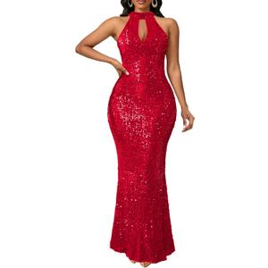 VERWIN Sleeveless Halter Neck Sparkly Casual Party Cocktail Evening Bodycon Mermaid Maxi Sequins Dress (Red, S)
