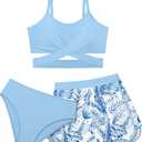 Girls Swimsuit 3 Piece Bathing Suit Criss Cross Bikini Set Girls' Swimwear with Shorts 7-16T (11-12 Years, Sky Blue--rainforest)