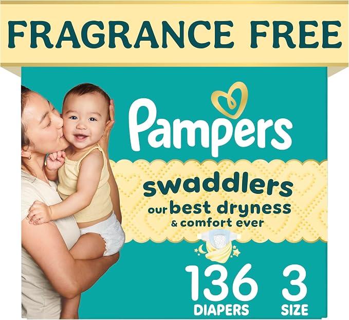 Swaddlers Diapers, Size 3 (13-26 lbs), 136 Count, Fragrance Free, Hypoallergenic, Absorbent, Pediatrician Recommended, Skin Safe