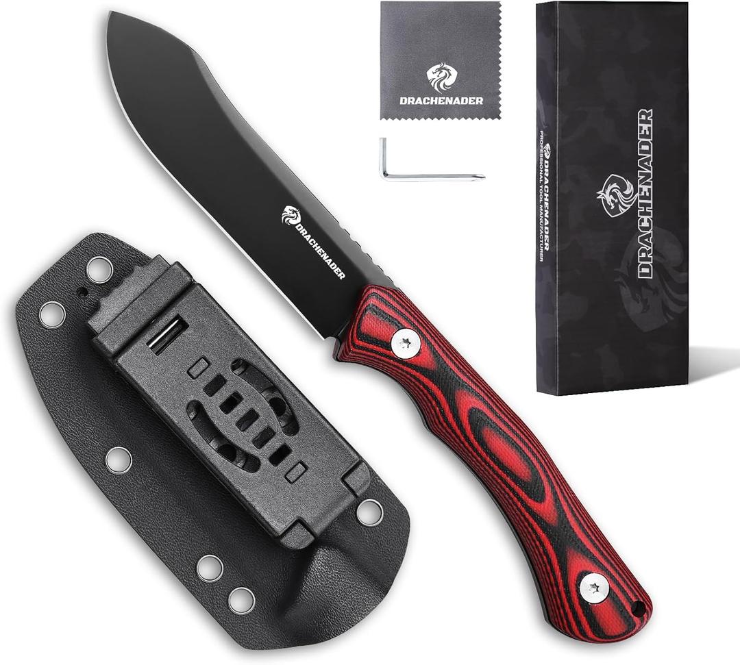 8.23-Inch Tactical Fixed Blade Hunting Skinning Knife RED-ROCK, D2 Steel Blade Survival Knife with Horizontal Carry Kydex Sheath, G10 Handle for Men