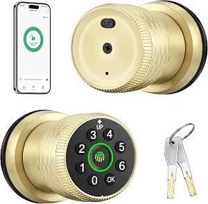 Leydebong Keyless Entry Fingerprint Door Knob, Smart Biometric Door Lock with Keypad Passcode Door Knob with Auto-Lock for Front Door, Bedroom, Gate & Office