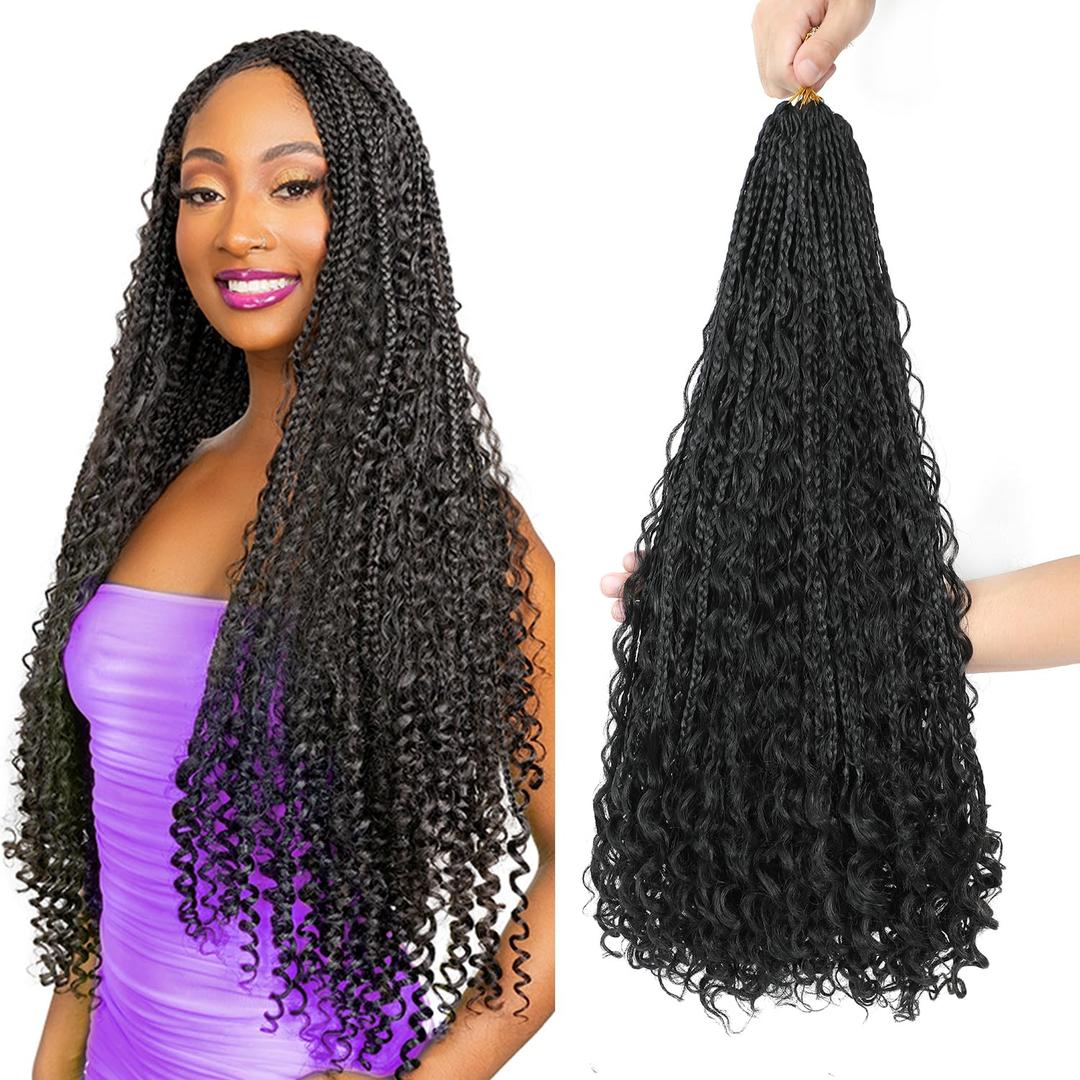 10 Packs Boho Crochet Braids Mix Protein Fiber 24 Inch Goddess Box Braids Crochet Hair Pre Looped Bohemian Box Braid with Curly Ends for Women Hair Extensions 1B