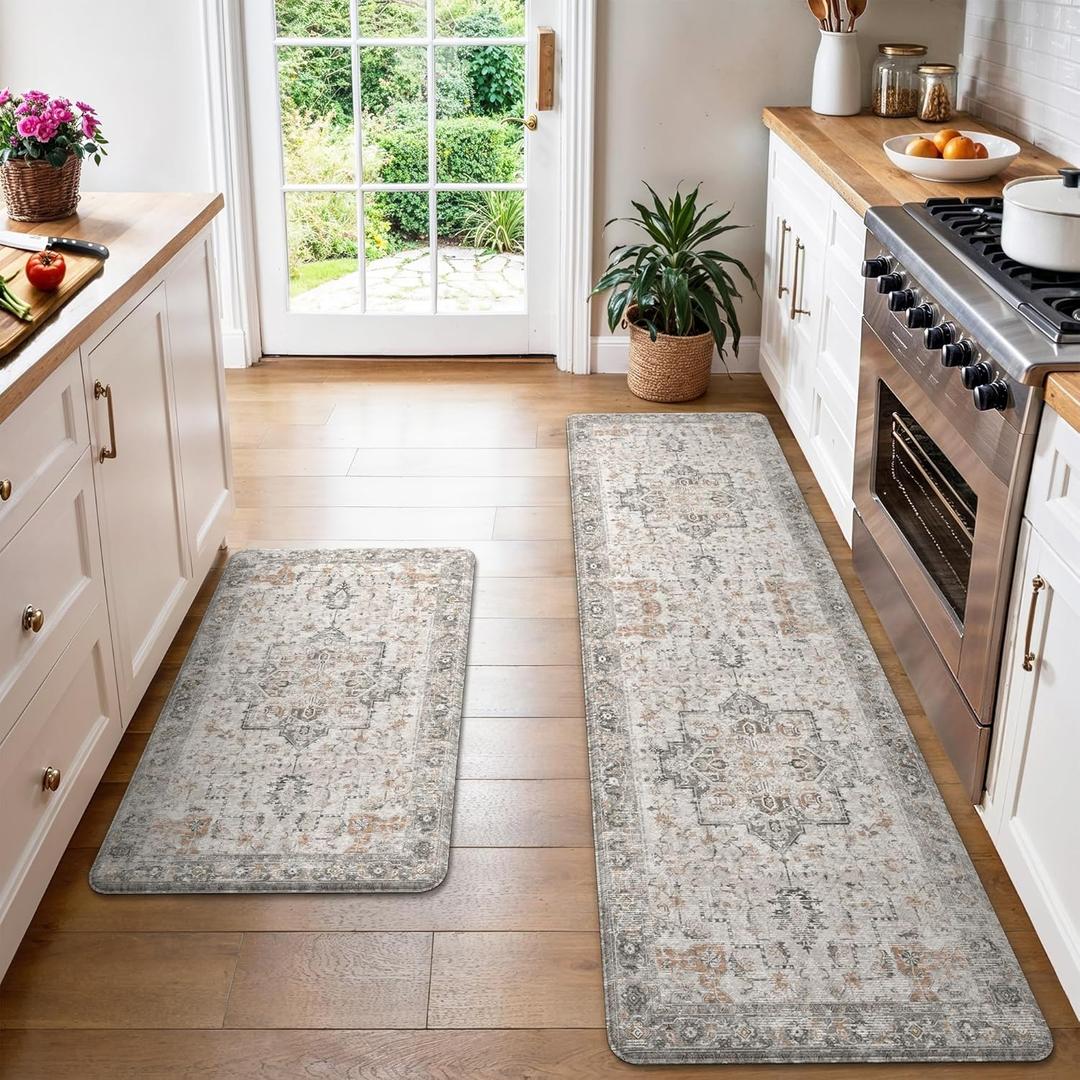 GENIMO Anti Fatigue Kitchen Mats for Floor 2PCS, Standing Rugs, Gray Taupe | 23"x71"+20"x32", Vintage Boho Cushioned Set, Waterproof, Non slip, Easy-clean for Home, Laundry, Sink, Office, Farmhouse