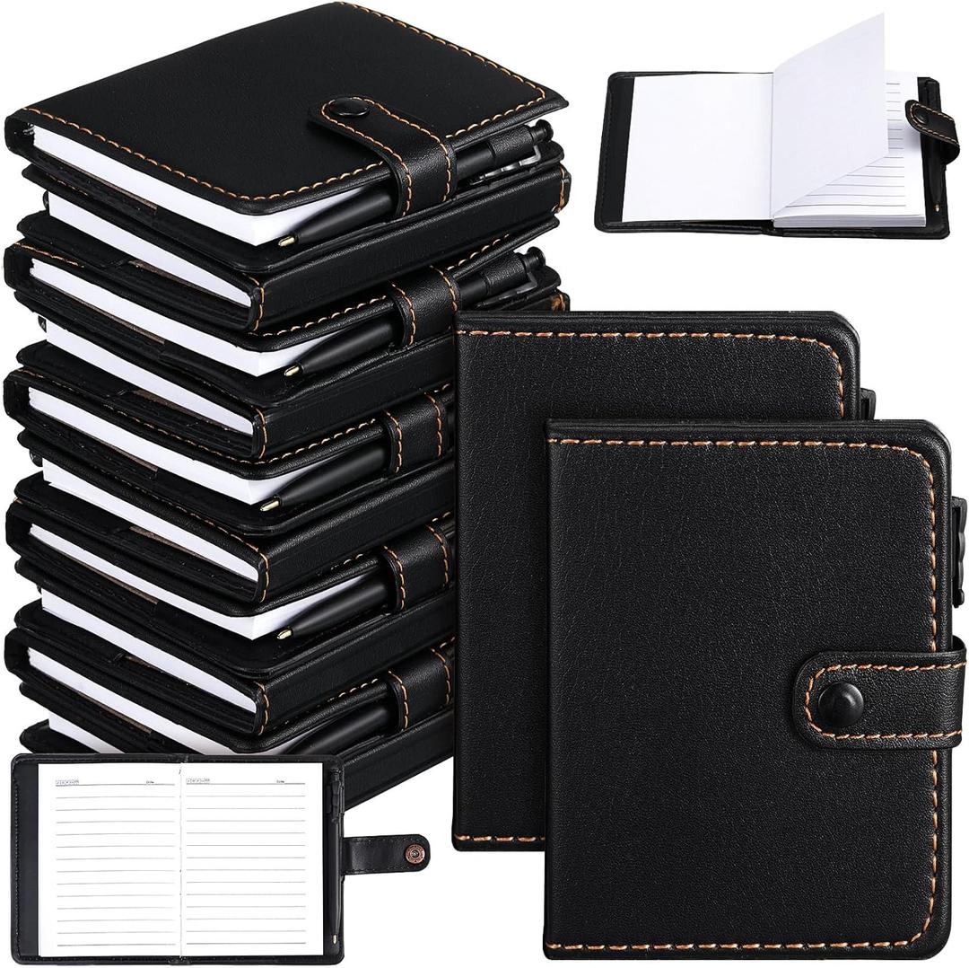 Spakon 10pcs Father's Day Gifts Leather Pocket Journal Bulk Mini Notebook with Pen Journal Vintage Travel PU Leather Pocket Notebooks Small Notepad for Note Taking Dad Gifts (Black)