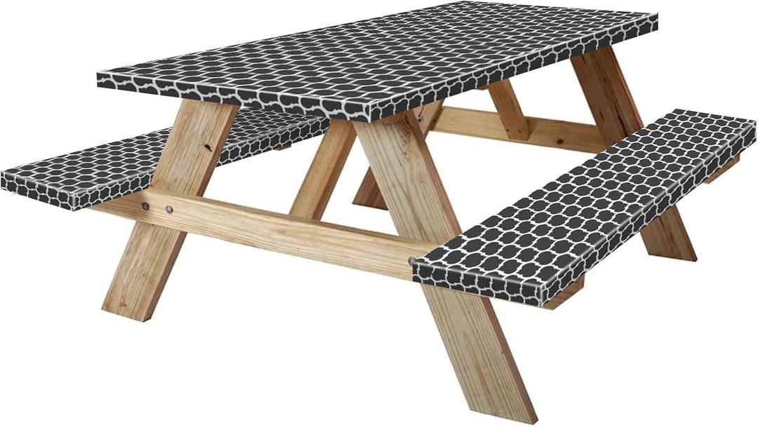 7ft Picnic Table and Bench Cover, Camping Essentials RV Gear, 84 in Waterproof Windproof Outdoor Elastic All Around Tablecloth, Fitted Rectangle Tables and Seats, Black-White Moroccan