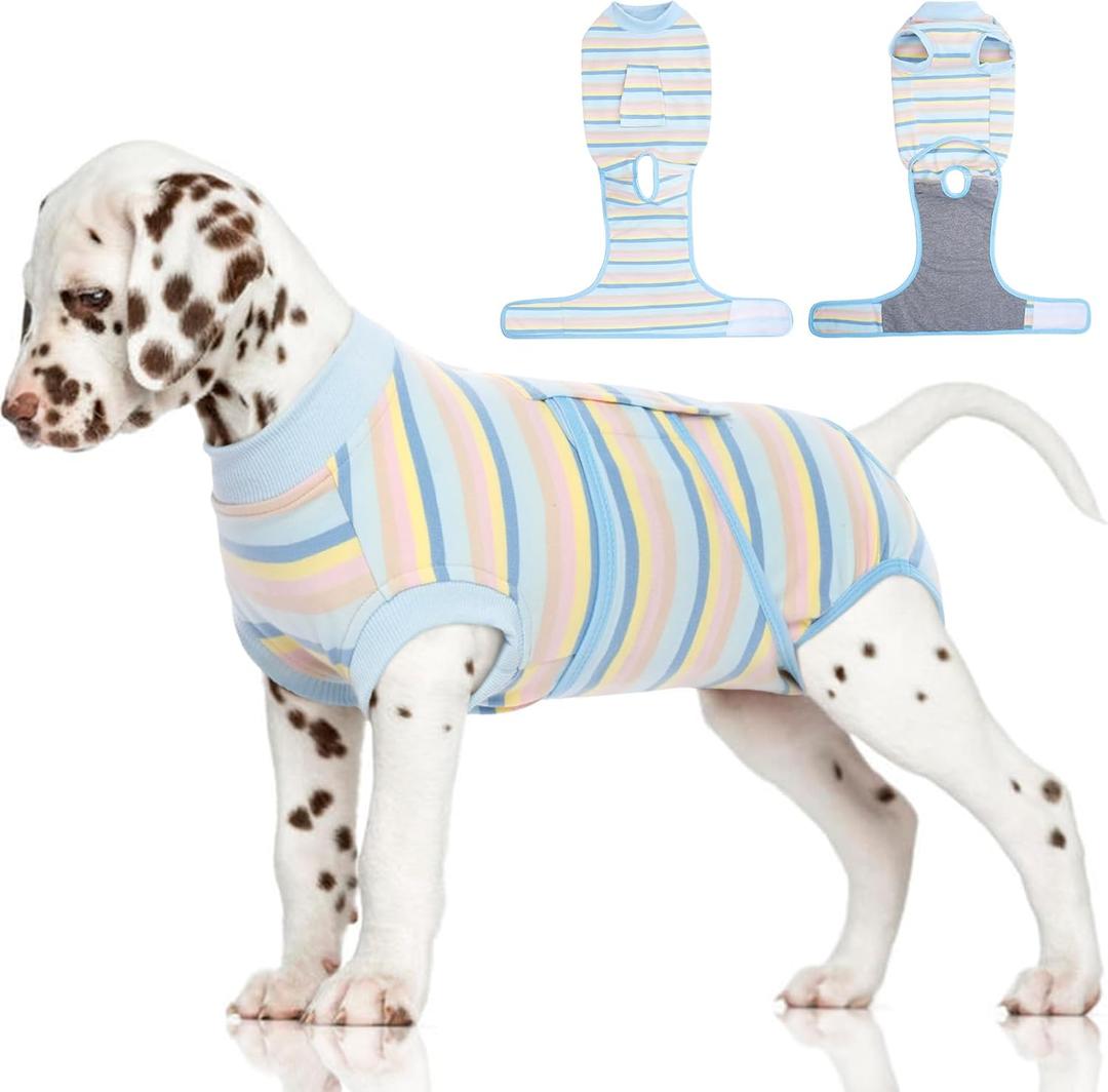 FUAMEY Recovery Suit for Dogs After Surgery,Soft Breathable Dog Bodysuit E-Collar & Cone Alternative Surgical Suit,Male Female Dog Neuter Spay Suits Anti Licking Wounds Onesie Blue Yellow Stripes S (S(Back:11.4-13.4in,WT:7-15lbs))