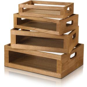 4 Pcs Wooden Nesting Countertop Baskets 4 Size Wooden Storage Box with Handle and Metal Wire Multipurpose Wood Organizer Crate for Fruit Vegetable Kitchen Cabinet Bathroom(Dark Brown,Small)