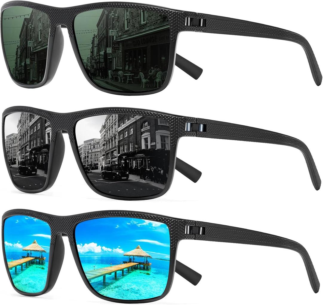 Square Polarized Sunglasses for Men and Women Lightweight Frame Sun Glasses with UV Protection (A05 Black/Black+black/Blue+black/G15)