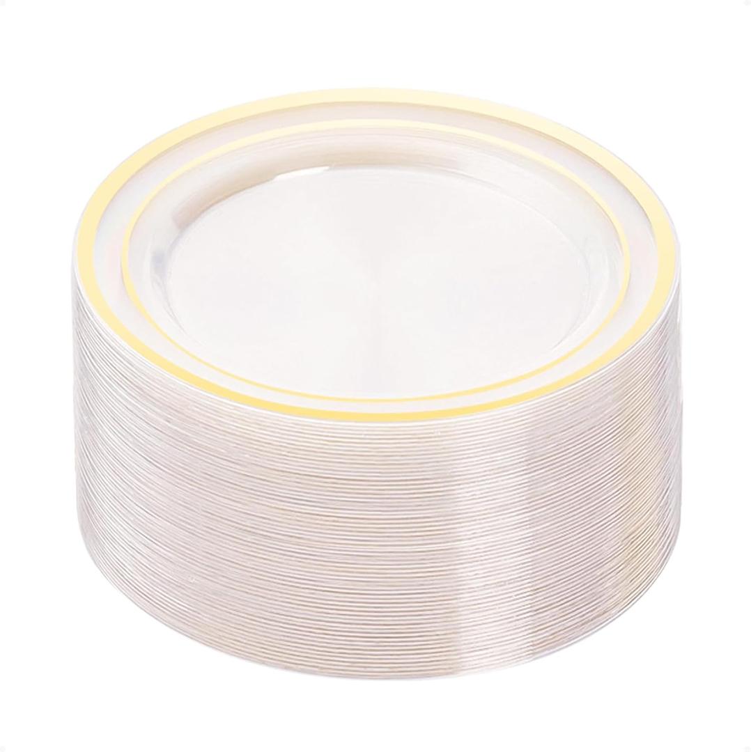 BESTVIP 50PCS Clear Gold Plastic Plates, 10.25 Inch Disposable Dinner Plate Party with Gold Rim, Heavy Duty Disposable Plastic Plates for Christmas, Thanksgiving, Party, Wedding and Birthday