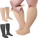 Hillban 2 Pair 15 - 25 Mmhg Wide Plus Size Calf Zipper Compression Socks for Overweight Women (4X-Large, Black, Beige)