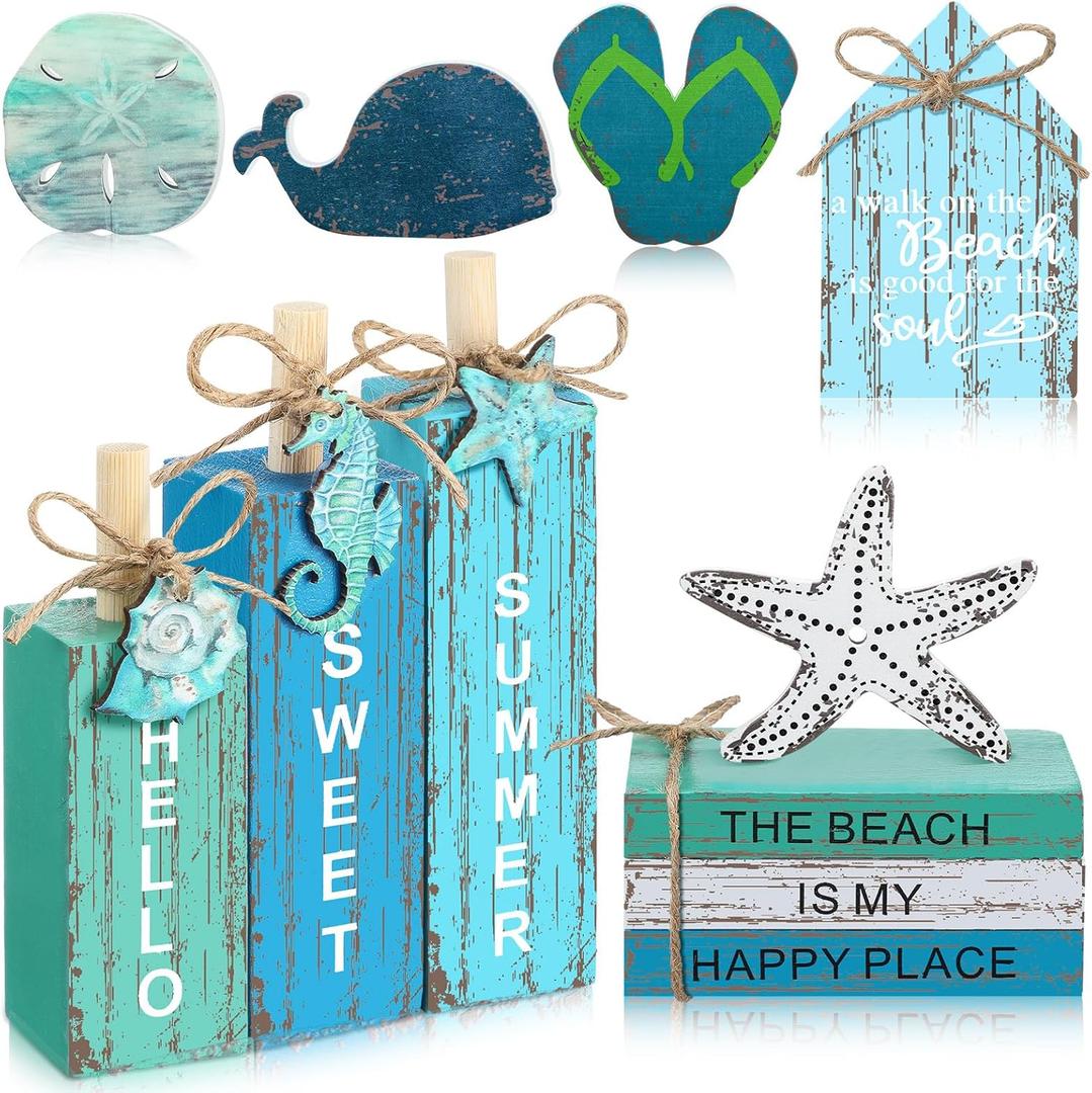 Vercraft 11 Pcs Summer Beach Table Decorations Ocean Tiered Tray Decor Summer Centerpiece Decorative Wood Books Table Top Decor Starfish Wooden Sign for Home Party Supplies (Ocean)