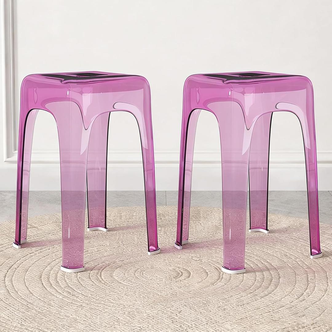 Clear Acrylic Bar Stools Set of 2, Modern Backless Counter Stool, Transparent Stackable Dining Stool for Kitchen Island Dining Room Restaurant, 18'' High, Pink