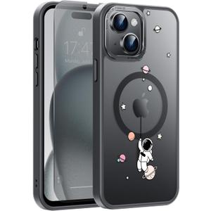 Goodon for iPhone 15 Plus Case with Privacy Screen Protector, Compatible with Magsafe, Shockproof Translucent Matte Cover - Cute Floral Design Phone Case for Women and Girls - Astronaut Spacewalk