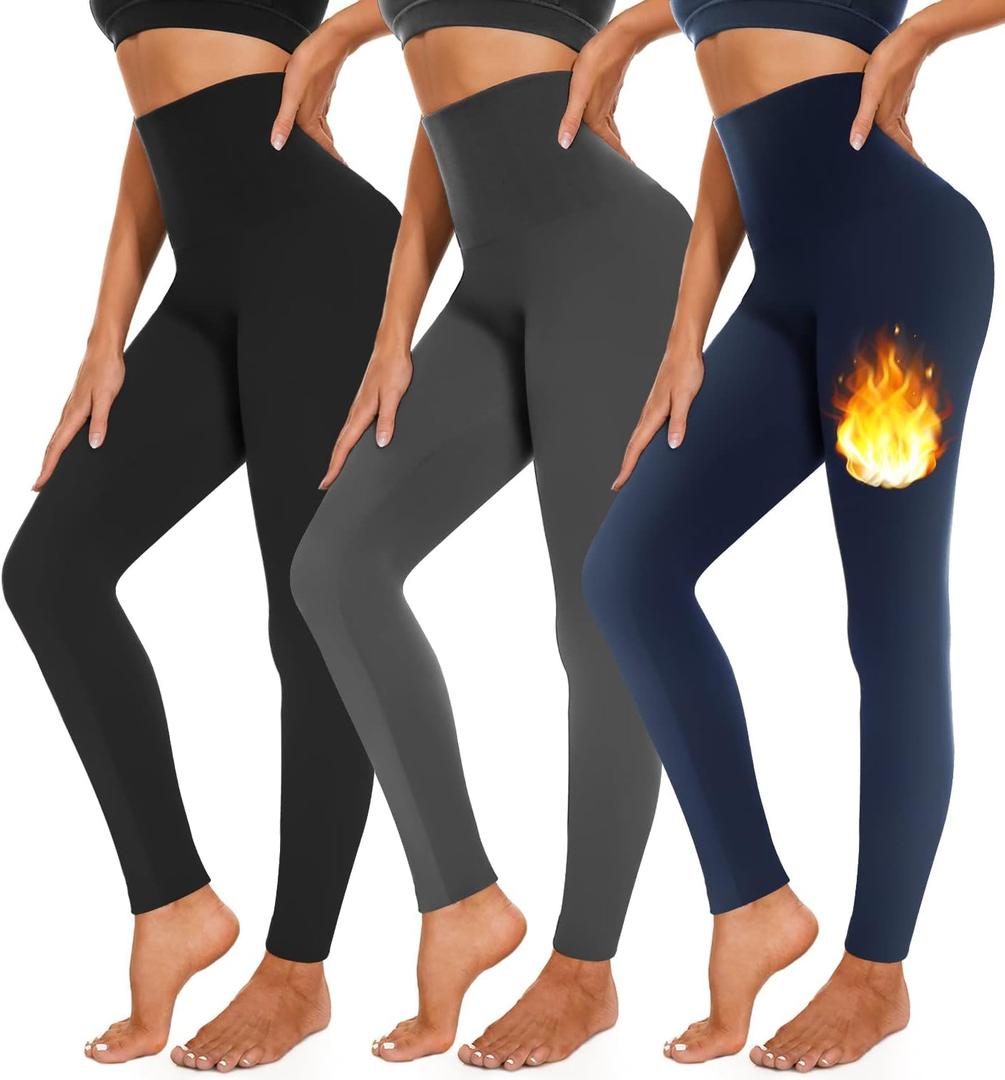 3 Pack Fleece Lined Leggings Women High Waisted Warm Winter Yoga Pants for Women Thermal Running Workout Leggings (Large-X-Large, B-3pack Black/Grey/Navy)