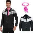 2 Pcs Cowboy Costume for Men,80s 90s Western Fringe Shirt with Scarf,Halloween Cosplay Outfit for Adult (Small, Black)