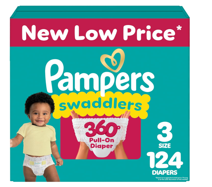 Pampers Diapers - Swaddlers 360° - Size 3, 124 Count, up to 100% Leakproof Comfy Dry Fit, Designed for Easy Changes, Pull On Baby Diaper (Packaging May Vary)