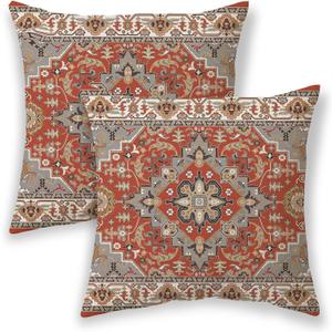 BETGINY Boho Pillow Covers 22x22, Burnt Orange Grey Ethnic Design Outdoor Decorative Throw Pillows for Couch, Fall Carpet Pattern Decor Cushion Cover 2 Pcs Farmhouse Linen Pillowcase for Bed Car Safa