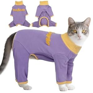 T'CHAQUE Sticky Hair Cat Clothes, Soft Cat Onesie Pajamas Long Sleeve Prevent Lost Hair, Kitten Surgery Recovery Suit, Anti-Shedding Shirt Outfit, Kitten Sweaters for Male & Female, Purple-M