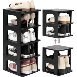 TRZZ 5-Tier Small Shoe Rack, Vertical Narrow Stackable Organizer with Removable Partition, Efficient Shoe Storage for Closet, Entryway, and Small Spaces (Black) (5-Tier-9.5"L)