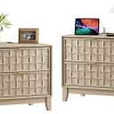 COLAMY Night Stand Set of 2, Nightstand with Charging Station, 22" Modern Bed Side Table with 2 Storage Drawers and Chessboard Relieffor Bedroom, Dorm and Small Spaces - Oak