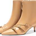 Coutgo Womens Buckle Strap Ankle Booties Kitten Low Heel Pointed Toe Y2K Boots Side Zipper Fall Shoes (9, Khaki)