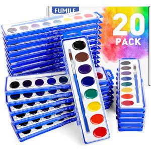 FUMILE Watercolors Paint Set Bulk,20 Pack 8 Washable Bright Colors with Paintbrush.Watercolors Paint Set Kids for Parties,Art Lessons,Birthday Party Favor,valentines for kids classroom,All Ages. (1 Count (Pack of 20), 8 color)
