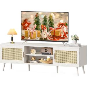SUPERJARE TV Stand for 65 Inch TV, Entertainment Center with Adjustable Shelf, Rattan TV Console with 2 Cabinets, Media Console, Solid Wood Feet, 4 Cord Holes, for Living Room, White, 53.9"