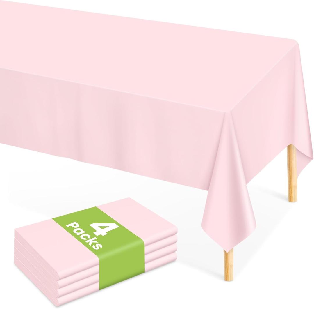 Mulbozy Pink Plastic Table Cloth Disposable 4 Pack, 54 108 Inch Tablecloths Rectangle, Light Pink Plastic Table Cover for Party Decor
