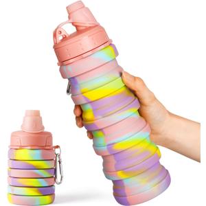 Collapsible Water Bottles for Travel, Foldable Sports Water Bottle for Kids, Reusable Water-proof Silicone Water Bottles with mountaineering Buckle for Camping Hiking Holiday (Pink)