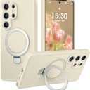 Liquid Silicone Case for Samsung Galaxy S25 Ultra with Magnetic Stand, Mil-Grade Drop Shockproof, Full Camera Protection Anti-Scratch Microfiber Lining Silicone Phone case, Beige