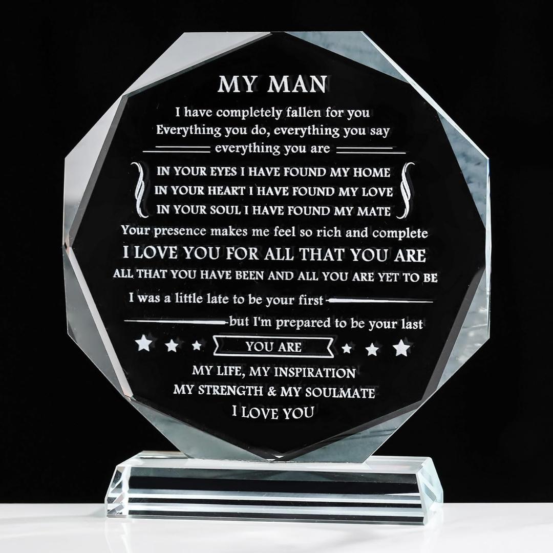 Movdyka to My Men Glass Keepsake Gifts for Him Husband from Wife Birthday Gifts for Husband Boyfriend Unique Laser Engraved Anniversary Christmas Unique Gifts for Him
